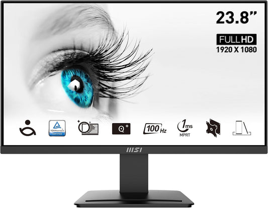 MSI PRO 23.8 Inch MP2412 Monitor | Full HD (1920 x 1080) | 100Hz | FreeSync, Anti-Glare, Anti-Flicker, Less Blue light, TÜV Certified | HDMI, VGA | VESA, Kensington